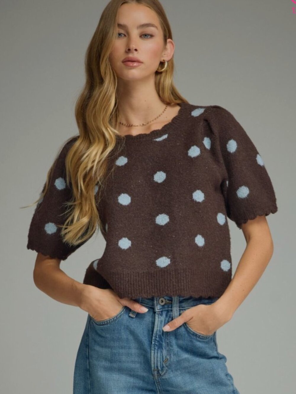 ENTRO Polka Dot Knit Puff Sleeve Scallop Hem Top NWT